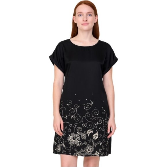 Garnet Hill Dresses & Skirts - Garnet Hill Oversized Size 4 Black Floral Capped Sleeve Back Tie Silk Dress